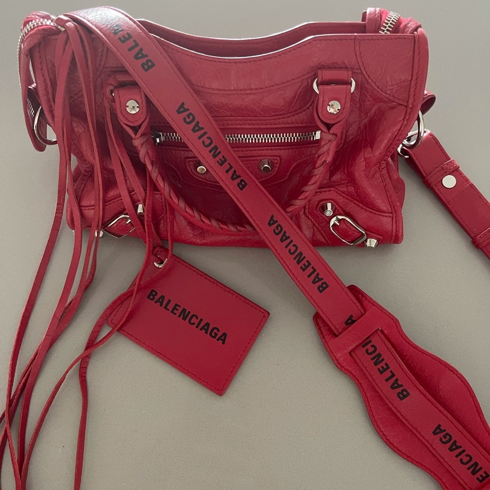 BALENCIAGA Agneau Classic silver hardware mini city logo strap rouge cardinal